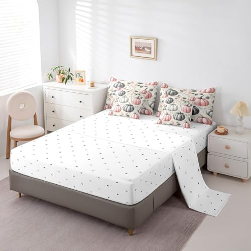 Erosebridal Pink Grey Pumpkin Full Comforter Set 7 Piece Fall Autumn Bedding Set with Sheet Set for Kids Girls Teen Women,Watercolor Botanical Eucalyptus Leaves Bed in A Bag Thanksgiving Bed Set - Image 4
