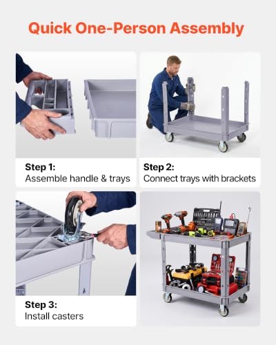 VEVOR Utility Cart, 550 lbs Capacity, 2 Tier Service Cart with 360° Swivel & Fixed Wheels (2 with Brakes), Heavy Duty Plastic Rolling with Storage Tray, Tool Storage for Garage Warehouse Workshop Gray - Image 6