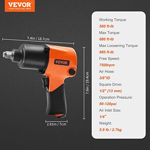 VEVOR Air Impact Wrench, 1/2" Drive Air Impact Gun Up to 880ft-lbs Nut-busting Torque, 7500RPM Lightweight Pneumatic Tool for Auto Repairs and Maintenance - Image 7