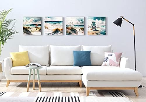 Teal Blue Beach Scenery Wall Art Vintage Beach Wall Decor for Bathroom Bedroom Ocean Pictures Watercolor Coastal Painting Nature Seascape Canvas Modern Artwork Living Room Home Decorations 16x16" 4Pcs - Image 3