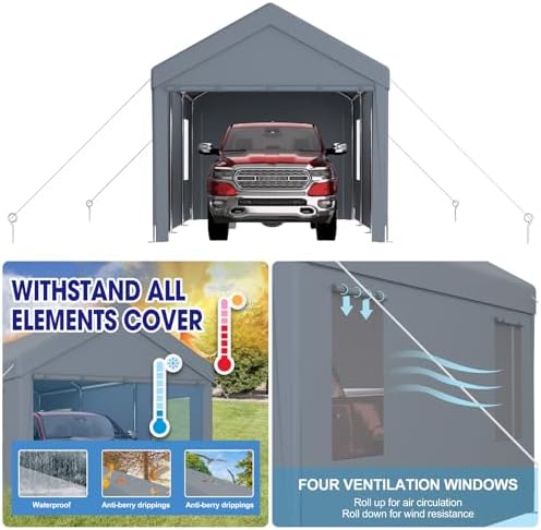10x20FT Canopy, Outdoor Portable Garage with 2 Roll-Up Doors & 4 Ventilated Windows, Patio Camping Heavy Duty Car Port Canopy with PE Cover, Ground Pegs & Steel Cables, Easy Assembly, Grey - Image 4