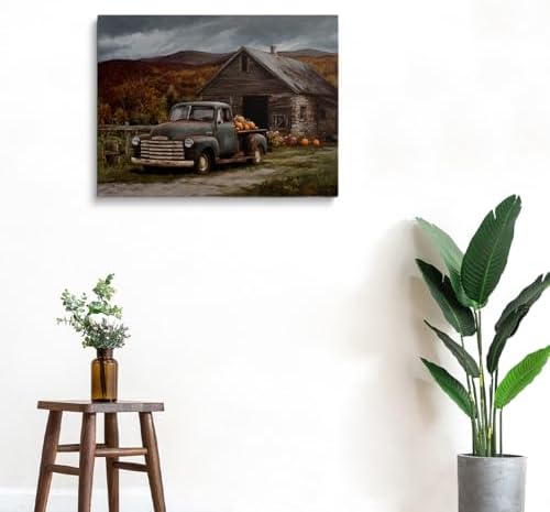 Vintage Truck with Pumpkins Wall Art – Rustic Fall Barn Landscape Canvas,Country Farmhouse Poster for Thanksgiving Entryway or Autumn Living Room Decor 24x36in Large Frame wall art - Image 6