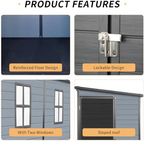 4x8ft Outdoor Resin Shed Floor 2 Windows Lockable 14mm Polypropylene, Gray - Image 5