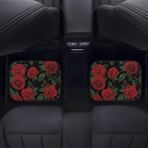 GLENLCWE Red Rose Floor Mats for Cars, Flower Print Car Floor Mats, Anti-Slip Rubber Car Mat Set Unverisal Fit Most Cars, Trucks, SUV, Van