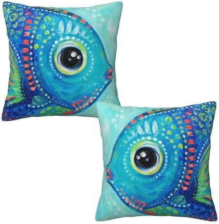 Blue Fish Painting Throw Pillow Covers 18x18 inch Set of 2 by Mshutbna