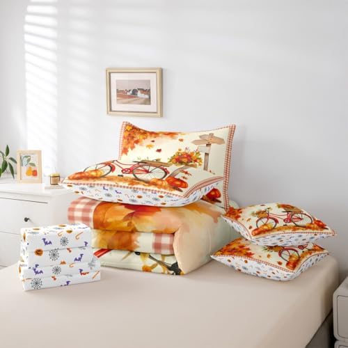 Thanksgiving Pumpkin Twin Comforter Set 7 Piece,Maple Leaves Bike Bicycle Bed in a Bag,Harvest Decor Farmhouse Fall Leaves Bedding Comforter Sets with Comforter,Shams,Flat Sheet,Fitted Sheet - Image 5
