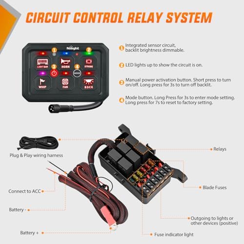 Nilight 6 Gang Switch Panel Red 12V 60A Circuit Control Relay System 4-Mode