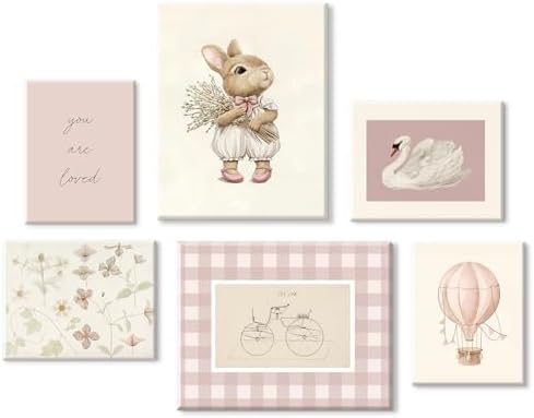Pink Nursery Wall Art Baby Girl Canvas Wall Decor Vintage Poster Bunny Flower Wall Art Antique Preppy Pictures Animal Floral Prints Kids Swans Painting for Girls Room Bedroom 8x10x6 Inch Framed by Unknown
