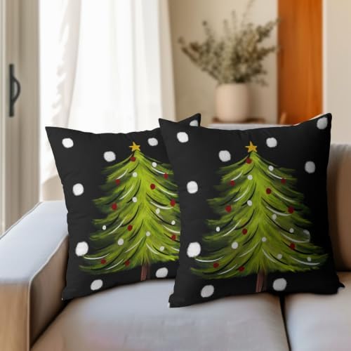 Christmas Black Throw Pillow Covers 16x16 Set of 2 Winter Green Xmas Tree - Image 4