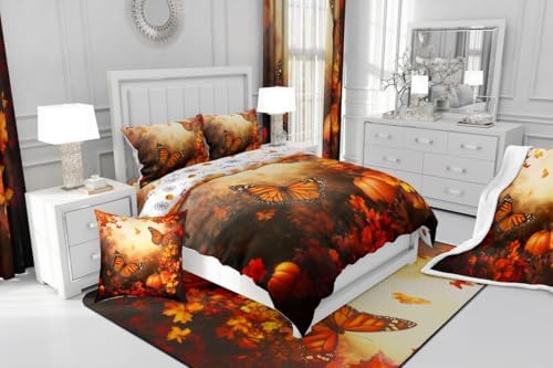 Erosebridal Adult Autumn Harvest Bedding Set, Fall Pumpkin Duvet Cover Twin Size Happy Thanksgiving Comforter Cover for Kids Teens Women, Maple Leaves Rustic Quilt Cover with 1 Pillow Case - Image 7