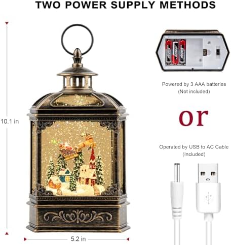 Christmas Snow Globe Swirling Glittering Lantern Santa Flying with Reindeer, USB Lined/Battery Operated Lighted Water Lantern for Christmas Festival Decoration Gifts - Image 6