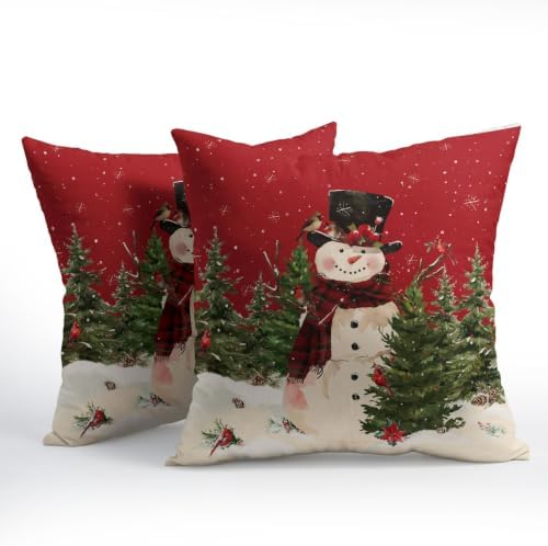 Snowman Throw Pillow Covers 16x16 Set of 2 Winter Christmas Tree Red Green - Image 3