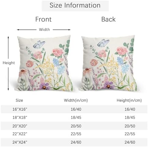 Spring Pillow Covers 16x16 Set of 2 Floral Throw Pillow Covers Rustic Flower Pillowcase Linen Decoration Farmhouse Soft Decorative Pink Blue Cushion Case Couch for Indoor Outdoor Home Decor - Image 4