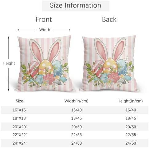 Easter Pillow Covers 20x20 Set of 2 Spring Throw Pillow Covers Rustic Bunny Ear Pink Pillowcase Linen Decoration Farmhouse Soft Decorative Eggs Stripe Cushion Case Couch for Indoor Outdoor Home Decor - Image 4