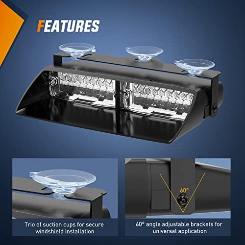 Nilight Emergency Strobe Lights, Windshield Hazard Warning Safety Flash Lights with Suction Cups, 16 LEDs, Amber and Red, ABS Housing, 2 Year Warranty