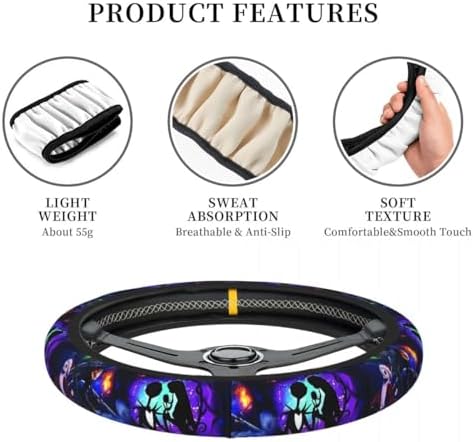 Halloween Jack and Sally Horror Nightmare Christmas Steering Wheel Cover for Women, Neoprene Anti-Slip Universal 15 inch Car Steering Wheel, Anime Car Accessories for Vehicle SUV (Xmas 1)