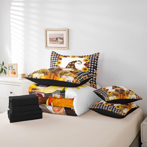 Fall Gnome Queen Comforter Set 7 Pieces Bed in a Bag Autumn Maple Leaves Bedding Comforter Sets,Thanksgiving Pumpkin Santa Dwarf Comforter with Fitted Sheets,Flat Sheets,Pillowcases & Shams - Image 6