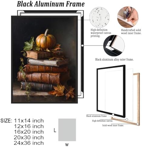 Vintage Pumpkin Still Life Wall Art – Antique Books with Fall Leaves Canvas Print,Dark Academia Autumn Aesthetic Poster for Reading Nook Decor 16x20in Black aluminum frame - Image 2