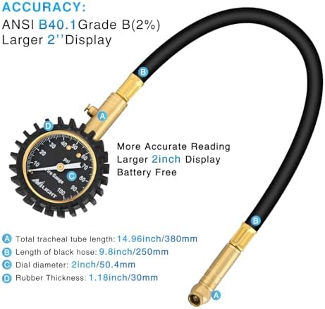 Nilight 100PSI Tire Pressure Gauge Glow Dial 14" Extended Hose