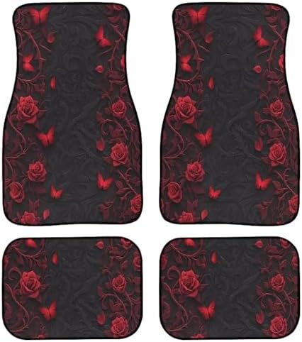 Rose Floral Butterfly Print Car Carpet Floor Mat Gothic Butterflies Rose Flower 4 Piece Universal Fit Heavy Duty Rubber Non-Slip Floor Mats Heel Pad Fit Floor Carpet 2 Row