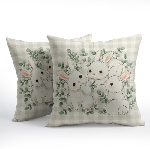 Easter Pillow Covers 24x24 Set of 2 Cute Bunny Rabbit Throw Pillow Covers Rustic Spring Pillowcase Linen Decoration Farmhouse Soft Decorative Plaid Cushion Case Couch for Indoor Outdoor Home Decor - Image 2