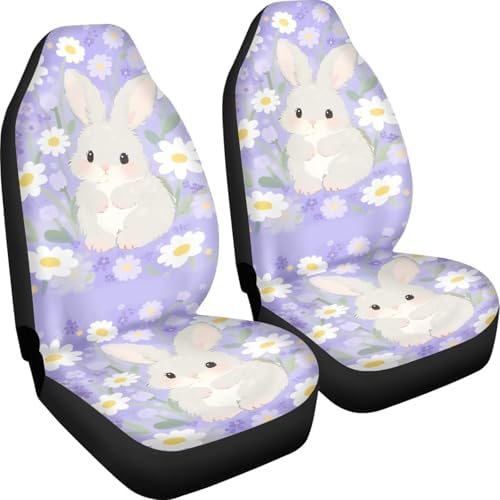 Rabbit Car Seat Covers Universal Accessories 2 Pcs Set, Kawaii Daisy Cartoon Bunny Car Accessories for Auto Trucks Van SUV, Rural Flower Field Auto Interior Protector Set