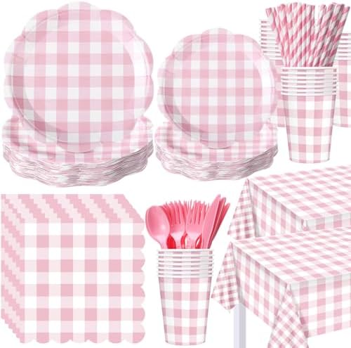 Funnymoom 452 Pcs Pink Gingham Party Decoration Supplies Serve 50 Guests by Funnymoom
