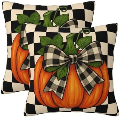 KiuLoam Fall Pillow Covers 22x22 Inch Set of 2 Thanksgiving Harvest Orange Pumpkin Black Buffalo Plaid Print Decorative Throw Pillow Cases Vintage Rustic Farmhouse Style Cushion Covers for Sofa Couch by KiuLoam