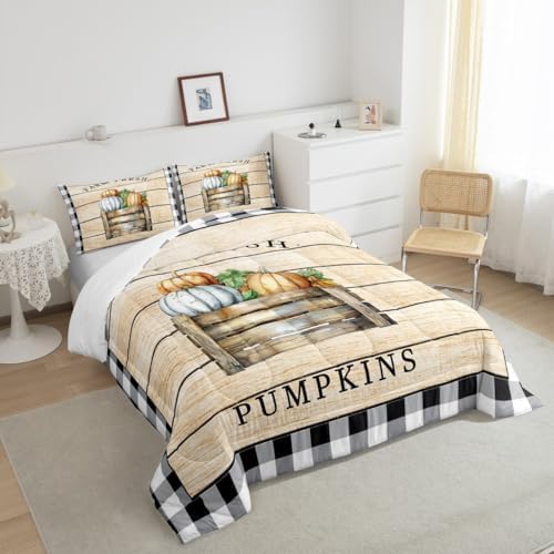 Homewish Rustic Farmhouse Barn Comforter Set Queen Size,Geometric Plaid Bedding for Boys Girls Room Decor,Fall Pumpkin Themed Quilted Duvet Set Halloween Style Duvet Insert 3pcs,2 Pillowcases - Image 2