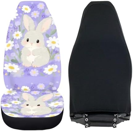 Rabbit Car Seat Covers Universal Accessories 2 Pcs Set, Kawaii Daisy Cartoon Bunny Car Accessories for Auto Trucks Van SUV, Rural Flower Field Auto Interior Protector Set