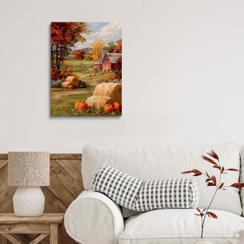 Autumn Farmhouse Wall Art – Rustic Red Barn Landscape with Pumpkins, Fall Harvest Canvas Print for Country Living Room or Seasonal Decor Display 24x36in Large Frame wall art - Image 5