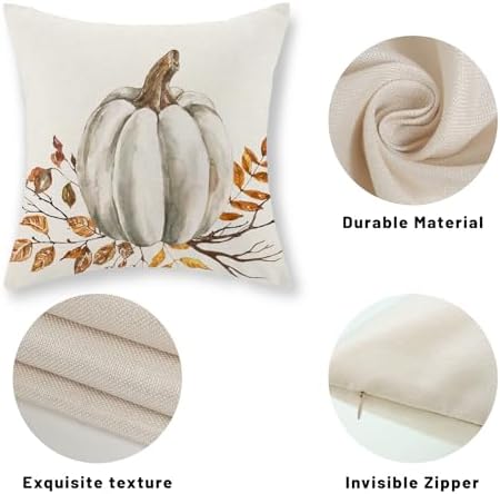 Fall Pillow Covers 18x18 Set of 2 White Pumpkin Leaf Branch Fall Decor Pillowcase Autumn Harvest Thanksgiving Decorative Outdoor Throw Pillow Covers Linen Farmhouse Cushion Case for Couch Home - Image 7