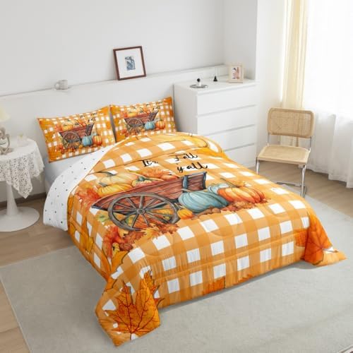Maple Leaves Comforter Set Full Size Orange Buffalo Plaid Bedding Set For Kids Boys Girls Fall Pumpkin Autum Harvest Down Comforter Thanksgiving Quilted Duvet Plant Leaf Room Decor 2 Pillow Cases - Image 4