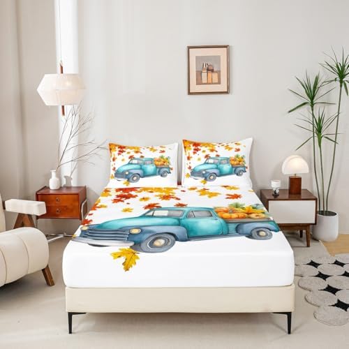 Pumpkin Truck Bed Sheets Fall Thanksgiving Harvest Seasonal Fitted Sheet Set Twin Autumn Maple Leaf Bedding Set Farmhouse Home Room Decor Watercolor Rustic Sheet Set Orange White Flat Sheet 3 Pcs - Image 4