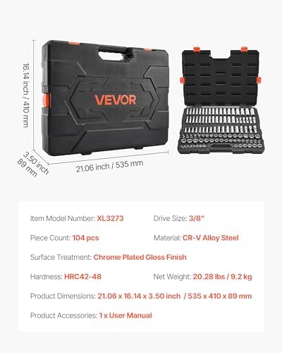 VEVOR Socket Set, 104 Pieces, 3/8 inch Drive Socket Tool Set, Metric Size from 6 to 24 mm, Deep and Standard, Mechanic Tool Kit with Storage Case, Chrome Plated CR-V Alloy Steel, for Automotive Repair - Image 7
