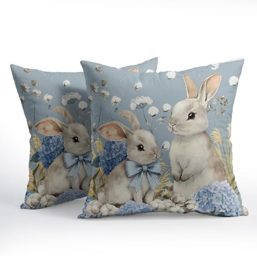 Easter Pillow Covers 24x24 Set of 2 Spring Throw Pillow Covers Rustic Cute Bunny Rabbit Pillowcase Linen Decoration Farmhouse Soft Decorative Blue Cushion Case Couch for Indoor Outdoor Home Decor - Image 2