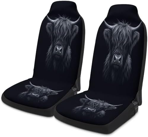 Highland Cow Pattern Car Seat Covers, Trendy Universal Car Seat Protector Full Set, Automotive Seat Covers for Front Seats Rear Seat Back Seat Gift (Black Highland Cow, Full Set)