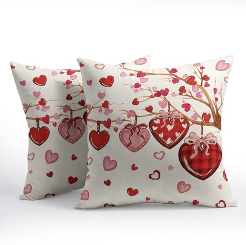 Valentines Day Pillow Covers 16x16 Set of 2 Love Throw Pillow Covers Red Heart Pillowcase Linen Decoration Farmhouse Holiday Cozy Soft Cushion Case Couch for Indoor Outdoor Home Decor - Image 2
