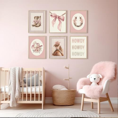 Western Cowgirl Nursery Wall Art Decor Vintage Girl Room Canvas Poster Pink Coquette Nursery Art Prints Preppy Aesthetic Pictures Bow Floral Boots Artwork for Girls Bedroom 8x10 Inch Framed 6Pcs - Image 5