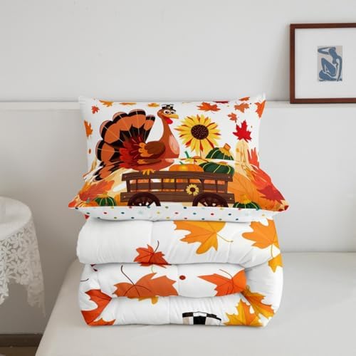 Feelyou Fall Bedding Set for Girls Boys Kids Twin Size Maple Leaves Pumpkin Comforter Cover Room Decor Turkey Thanksgiving Daisy Duvet Cover White Orange Quilt Set - Image 3