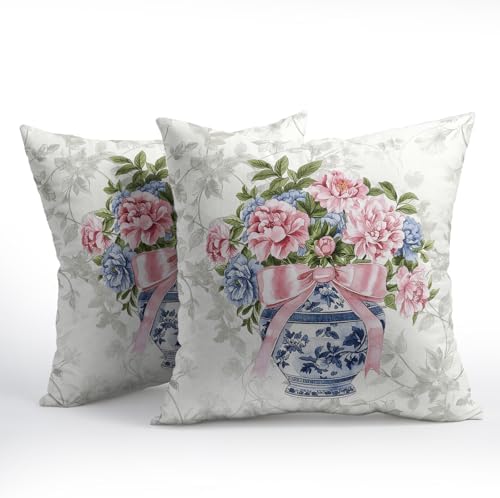 Chinoiserie Pillow Covers 18x18 Inch Set of 2, Floral Throw Pillow Covers Blue Pink White Pillowcase, Grandmillennial Decorative Seasonal Spring Summer Cushion Case Couch for Indoor Outdoor Home Decor - Image 2