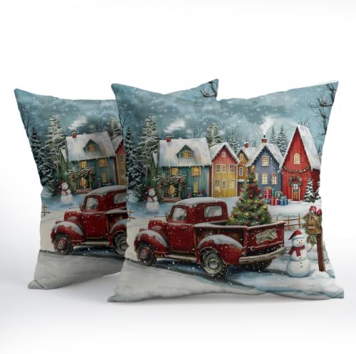 Christmas Throw Pillow Covers 20x20 Set of 2 Winter Red Truck Snowman - Image 3