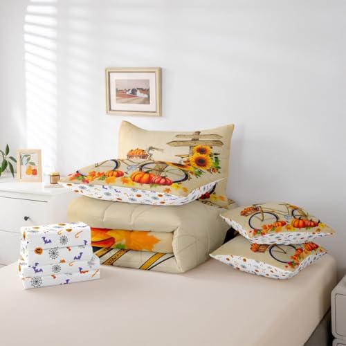 Sunflower Bike Bicycle Queen Comforter Set 7 Piece,Thanksgiving Pumpkin Bed in a Bag,Farmhouse Fall Leaves Autumn Harvest Bedding Comforter Sets with Comforter,Shams,Flat Sheet,Fitted Sheet - Image 5