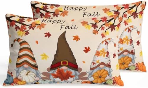 Fall Gnomes Pumpkin Pillow Covers 12x20 Inch Set of 2, Thanksgiving Decorations Indoor Outdoor Throw Pillow Covers, Maple Leaves Cotton Linen Pillowcases for Patio Sofa Couch Bedroom Decorative by JasmineM