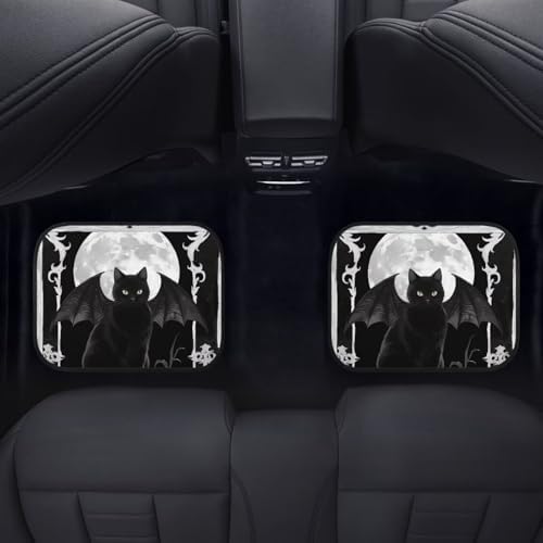 Gothic Cat Car Rubber Floor Mat 4PCS Halloween Winged Cat Skull Front and Rear Mats Non-Slip Floor Mats Heel Pad Watercolor Cats Moon Skull Fit for SUV Van Truck Car