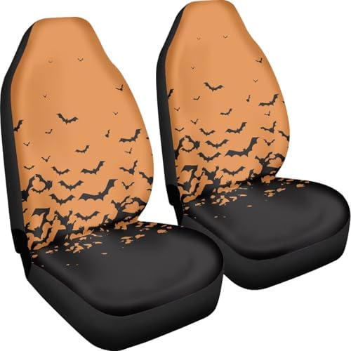 Orange Black Bat Halloween Print Car Seat Cover Colorful Cute Print Front Seat Covers 2 pcs, Vehicle Seat Protector Car Mat Covers, Fit Most Vehicle, Cars, Sedan, Truck, SUV, Van