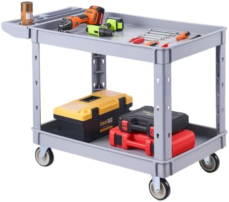VEVOR Utility Cart, 550 lbs Capacity, 2 Tier Service Cart with 360° Swivel & Fixed Wheels (2 with Brakes), Heavy Duty Plastic Rolling with Storage Tray, Tool Storage for Garage Warehouse Workshop Gray by VEVOR