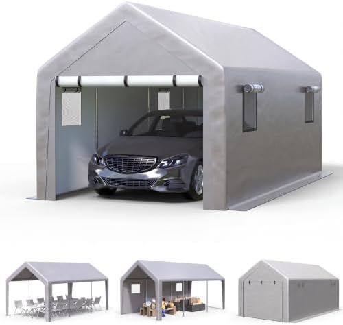 Jocoevol Carport 10x20 FT Enclosed Carport with Roll-up Windows, Portable Garage with Removable Sidewalls & Doors, Car Canopy Tent with Sandbags All-Season Tarp for Car Motorcycle Boat Truck Gray by JOCOEVOL