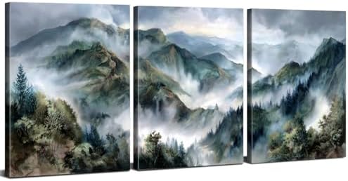 3 Panels Great Smoky Mountain Wall Art Nature Farmhouse Forest Wall Decor for Living Room Misty Trees Scenery Picture Bedroom Vintage Foggy Forest Painting Kitchen Living Room Home Decoration 16x24" by sunfrower
