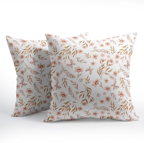 Spring Pink Floral Pillow Covers 18x18 Set of 2 Flower Leaf Throw Pillow Covers Pillowcase Linen Decoration Farmhouse Soft Decorative Butterfly Vintage Cushion Case Couch for Indoor Outdoor Home Decor - Image 2